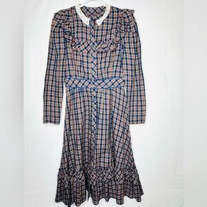 Vintage 70’s Candi Jones Womens Prairie Cottagecore Western Dress Plaid Ruffle